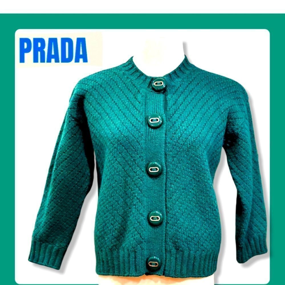 PRADA 100% Wool Cardigan Sweater silver/acrylic buttons Emerald green